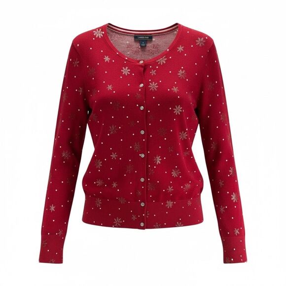 Lands’ End Supima Cotton Red Snowflake Cardigan Women’s L Holiday Sweater - Picture 1 of 10